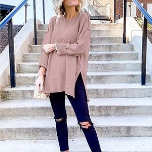 MEROKEETY Casual Crew Neck Side Split Pullover Sweater